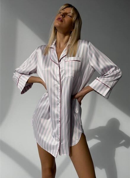 Strisce Rosa Chiaro Grigio Saten Uzun Tunik Gecelik