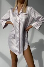 Strisce Rosa Chiaro Grigio Saten Uzun Tunik Gecelik - Görsel 3