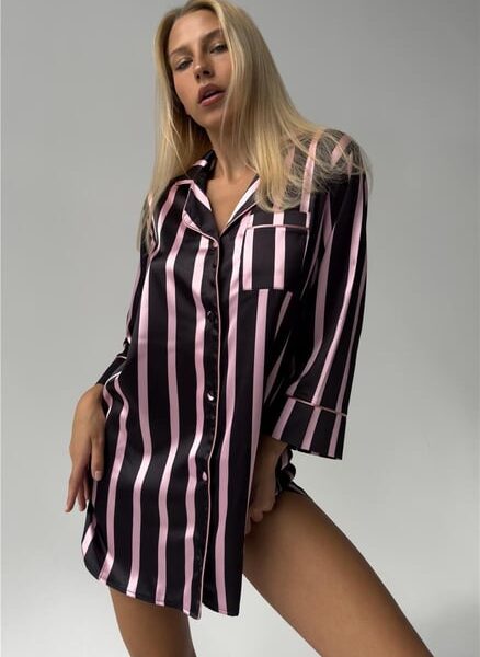 Strisce Nere Larghe Saten Uzun Tunik Gecelik