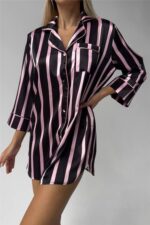 Strisce Nere Larghe Saten Uzun Tunik Gecelik - Görsel 2