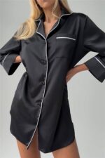 Nobiltà Della Notte Siyah Saten Uzun Tunik Gecelik