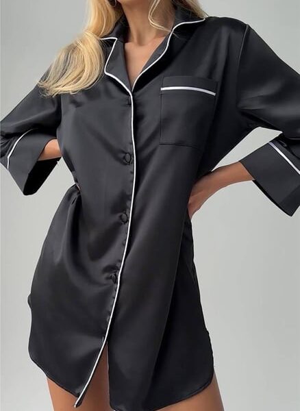 Nobiltà Della Notte Siyah Saten Uzun Tunik Gecelik