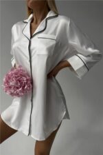 Nobiltà Della Notte Beyaz Saten Uzun Tunik Gecelik